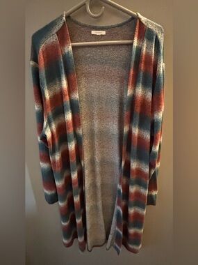 Maurices Open-Front Striped Cardigan - Teal, Rust & Gray